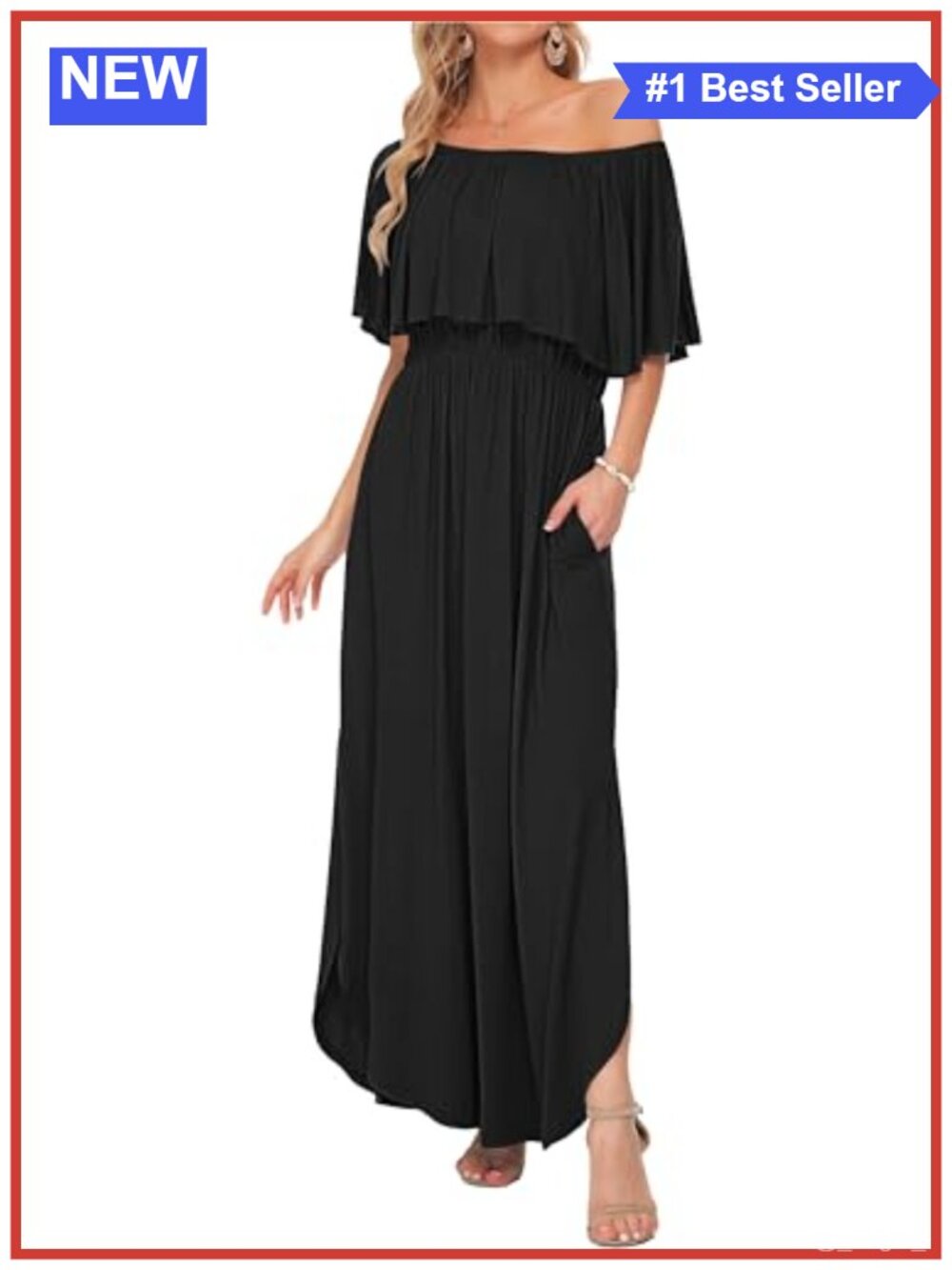 AUSELILY Off Shoulder Ruffle Split Maxi Dress with Pockets